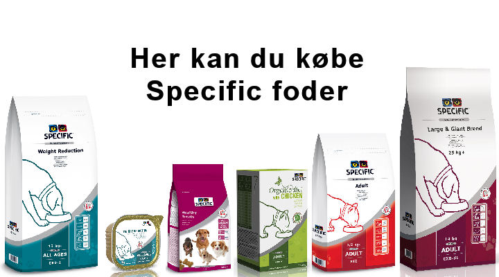 Specific hundefoder og Specific kattemad. God ernæring til hunde og katte. Sælges kun af dyrlæger.